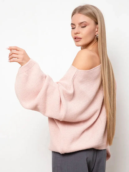 Blush Sweater by Lauven, oversized women’s knit sweater with boat neck in soft blush pink color.