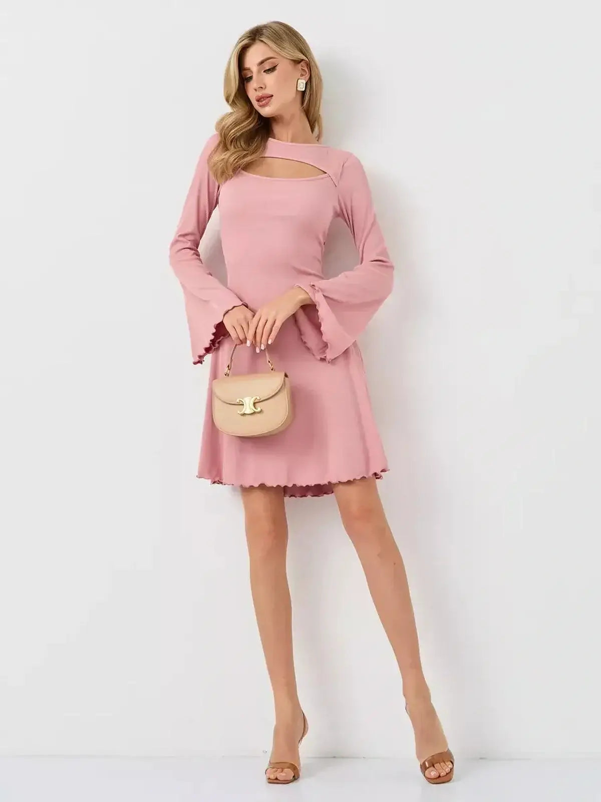 Lauven Blush Whisper summer dress in pink with flared long sleeves and a U-neckline.