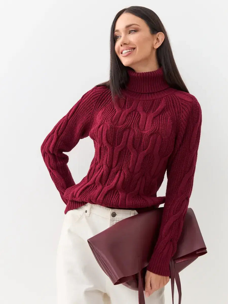 Bordeaux Knitwear by Lauven, a women's wool-blend turtleneck sweater in rich bordeaux with cable-knit pattern.