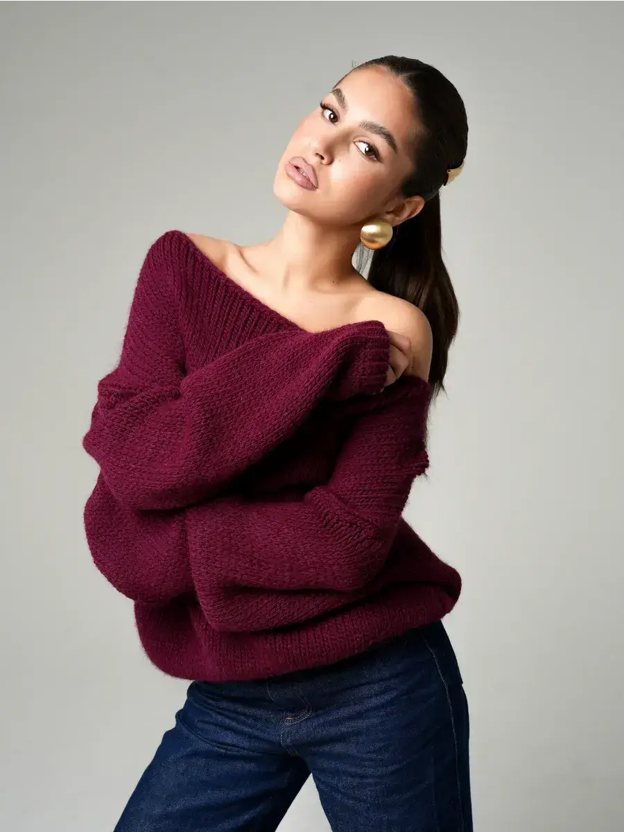 Bordeaux Sweater by Lauven — Oversized off-shoulder knit in deep wine on model.