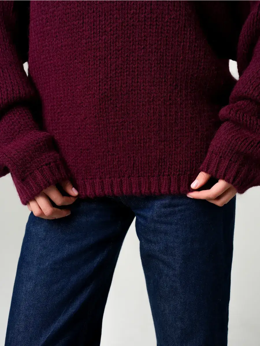Bordeaux Sweater by Lauven, oversized off-shoulder knit in deep wine color, perfect for fall and winter styling.