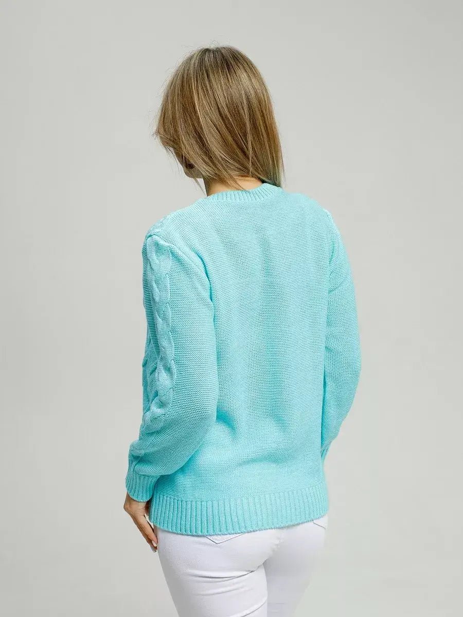 Back view of the bright turquoise Soleil Sweater, a cozy knitwear by Lauven, perfect for any season.