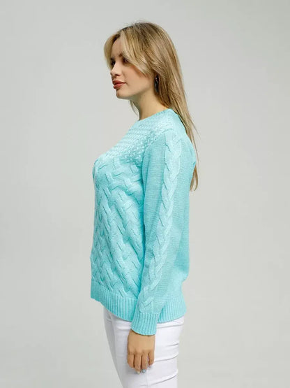 Soleil Sweater by Lauven in bright turquoise, featuring a stylish cable knit design and breathable comfort.
