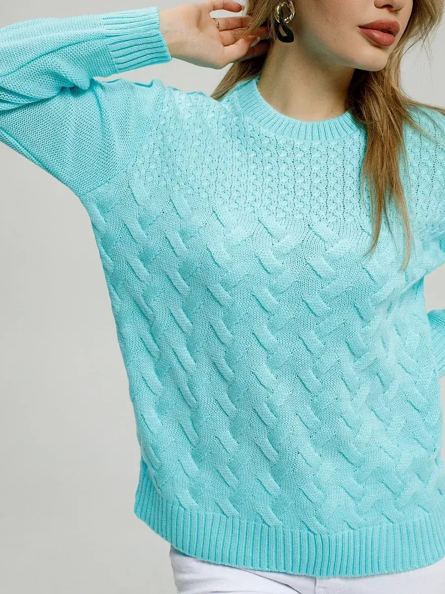 Soleil Sweater by Lauven in bright turquoise, featuring breathable crochet knit design for stylish comfort.