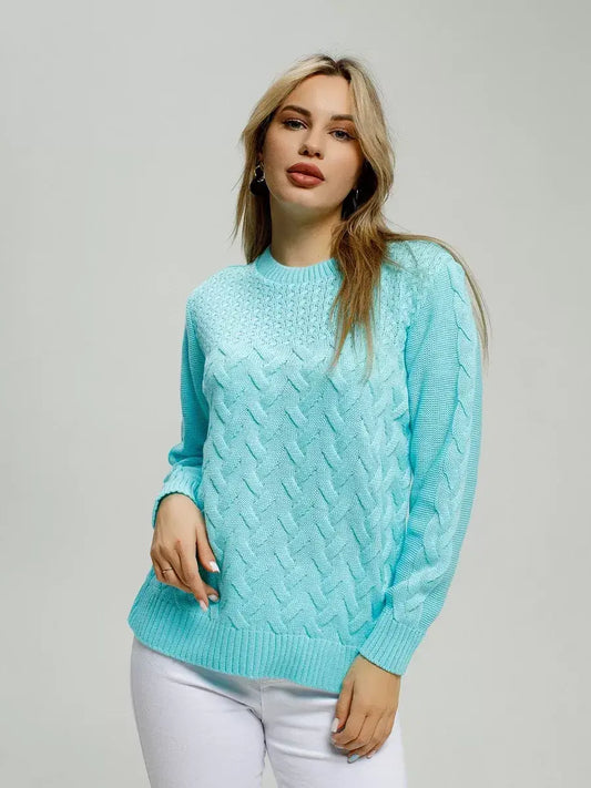 Bright turquoise Soleil Sweater by Lauven, featuring breathable knitwear style perfect for seasonal wardrobes.