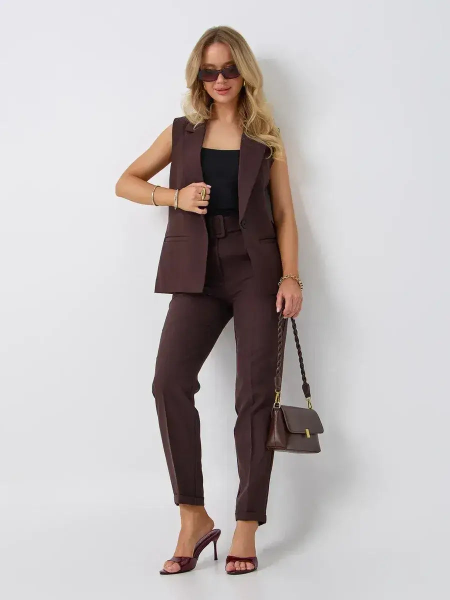 Cacao Suit Set by Lauven featuring a sleeveless chocolate vest and high-waist pants, perfect for various occasions.