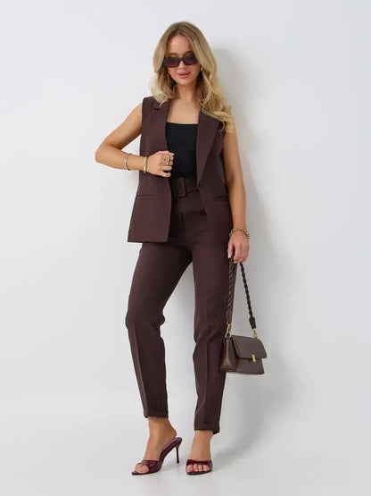 Cacao Suit Set by Lauven featuring a sleeveless chocolate vest and high-waist pants, perfect for various occasions.