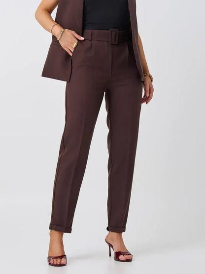 Cacao Suit Set by Lauven featuring high-waist chocolate pants for a stylish, polished look.
