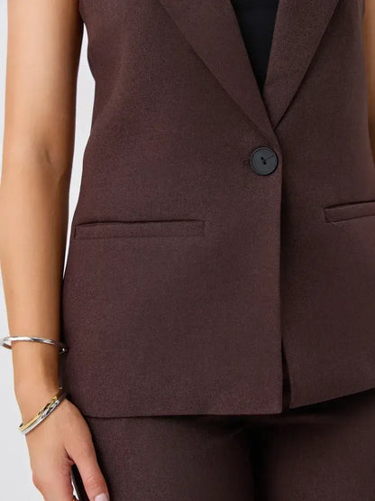 Cacao Suit Set by Lauven featuring sleeveless chocolate vest with pockets for a polished look.