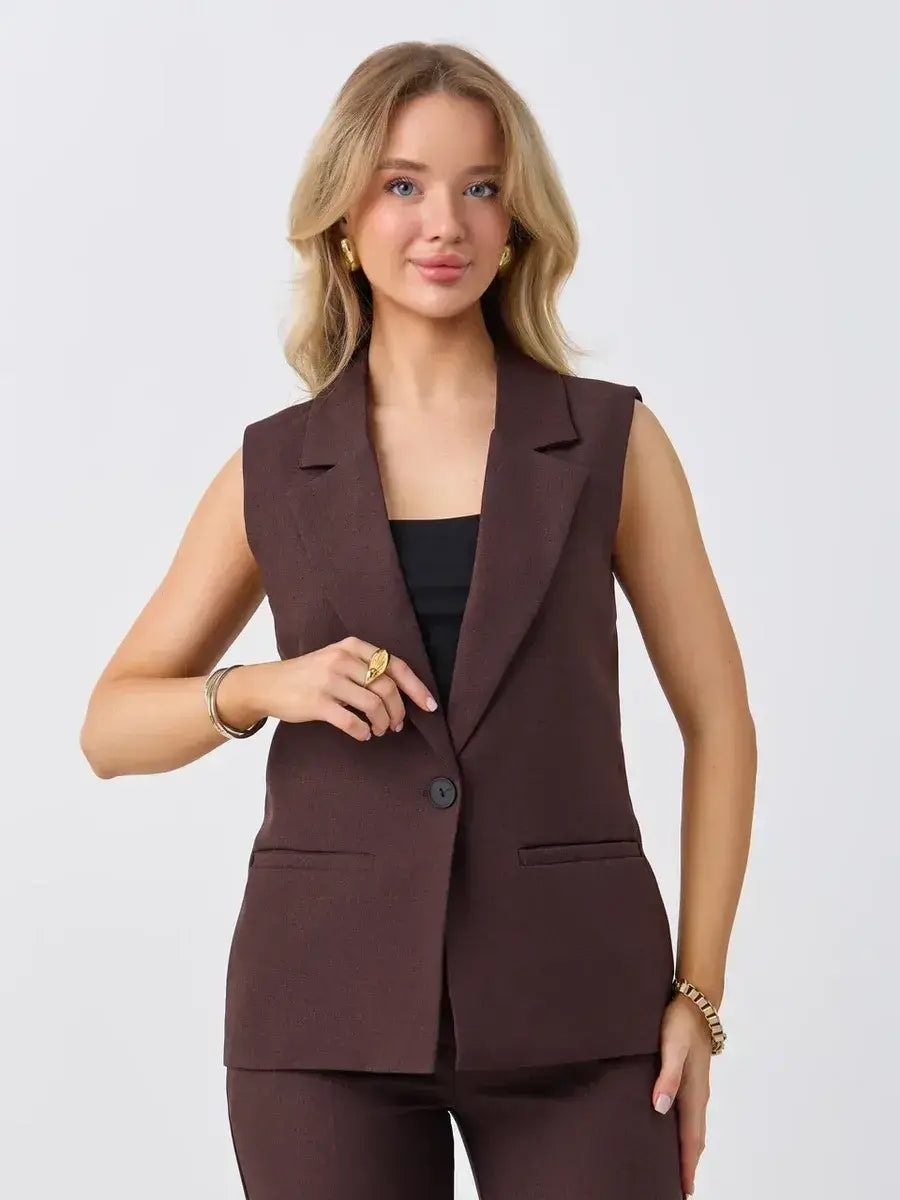 Cacao Suit Set by Lauven, featuring a sleeveless chocolate vest for a chic, modern look.