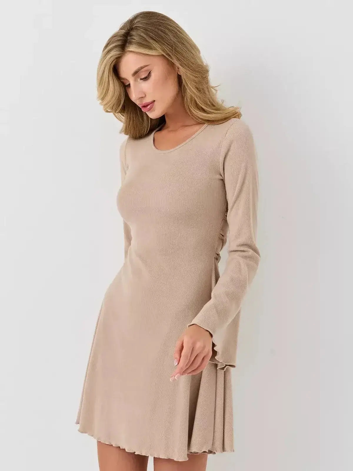 Café Ribbon by Lauven, a flattering ribbed mini dress in warm beige with bell sleeves and a U-neckline.