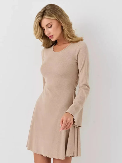 Café Ribbon by Lauven, a flattering ribbed mini dress in warm beige with bell sleeves and a U-neckline.