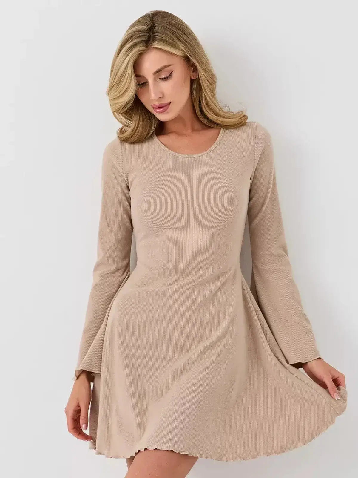Café Ribbon by Lauven, a fitted A-line mini dress in warm beige with long bell sleeves and a U-neckline.