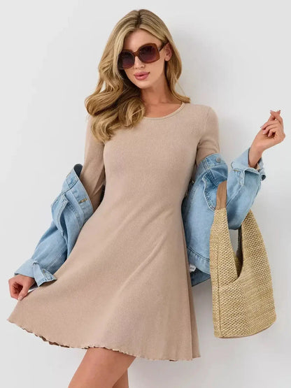 Café Ribbon by Lauven, flattering ribbed mini dress in warm beige with U-neckline and bell sleeves, perfect summer look.