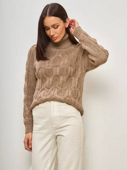 Cappuccino Knitwear by Lauven, oversized wool-blend turtleneck sweater in cozy beige color.