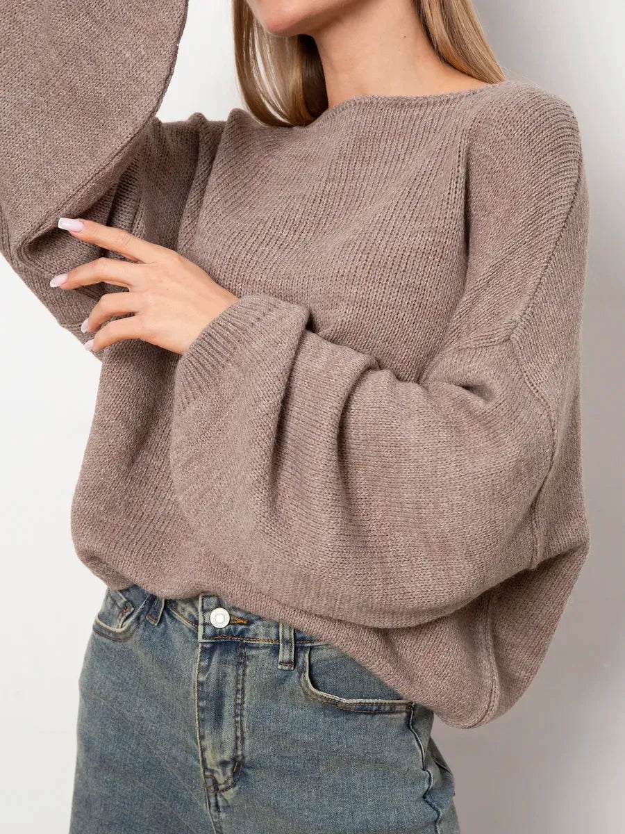 Cappuccino Sweater by Lauven, oversized women's knit sweater with boat neck in cozy cappuccino shade.