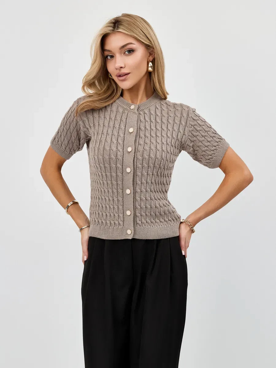 Capri Cardigan by Lauven in breathable cotton-acrylic knitwear, short-sleeve cropped style in cappuccino color.