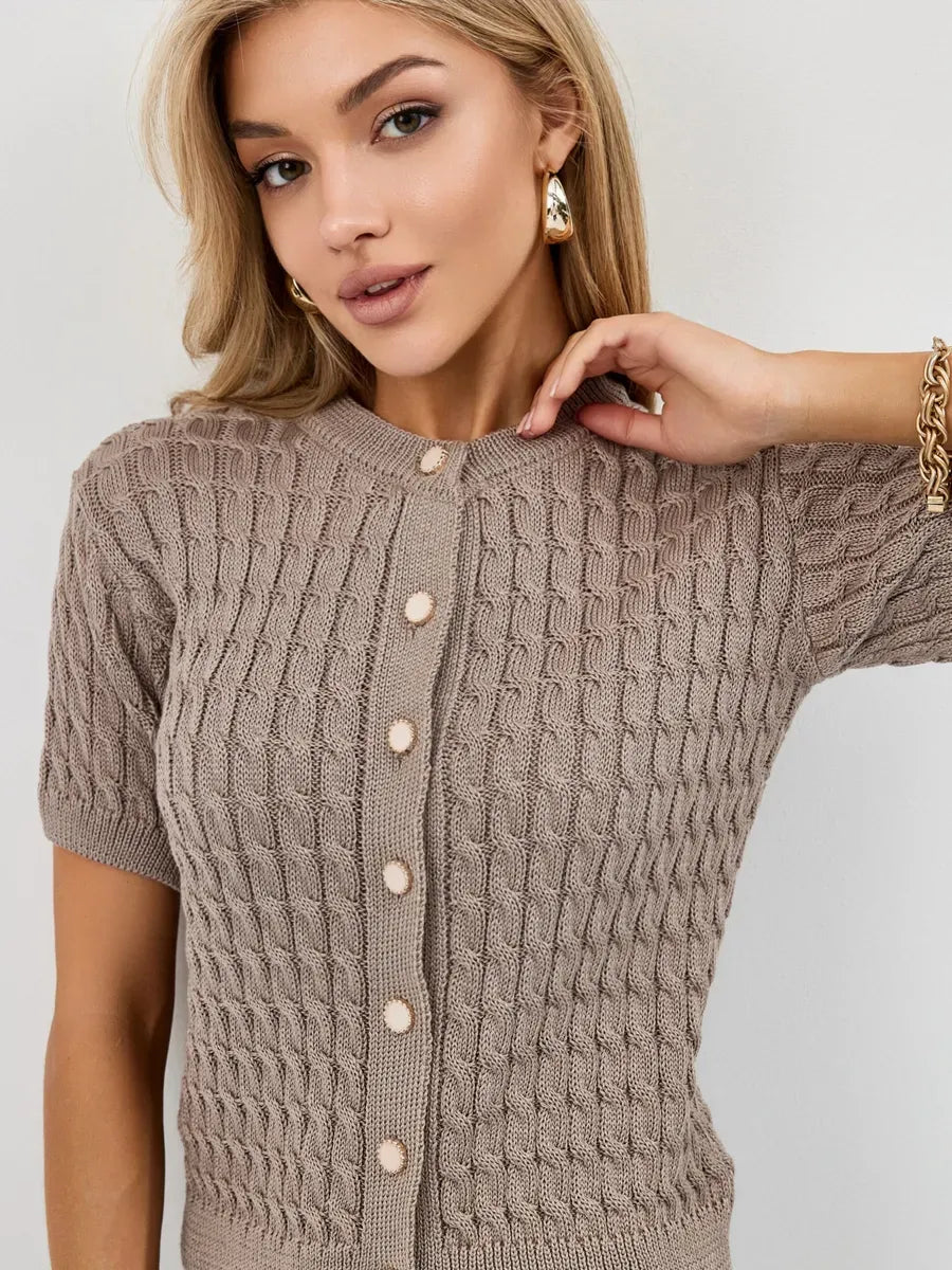 Capri Cardigan from Lauven featuring breathable cotton-acrylic knitwear in cappuccino with a stylish button-up front.