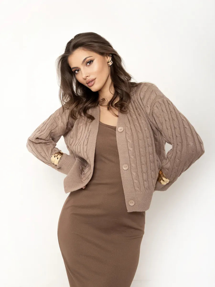 Capri Cardigan by Lauven in cropped cappuccino knit with button closure, showcasing elegant oversized style.