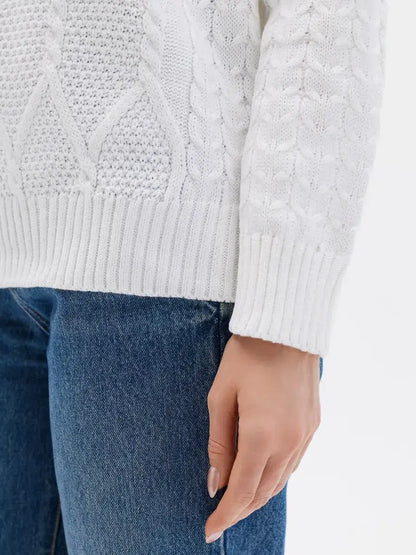 Celeste Sweater by Lauven, elegant white knitwear featuring patterned sleeves and cable knit detail.