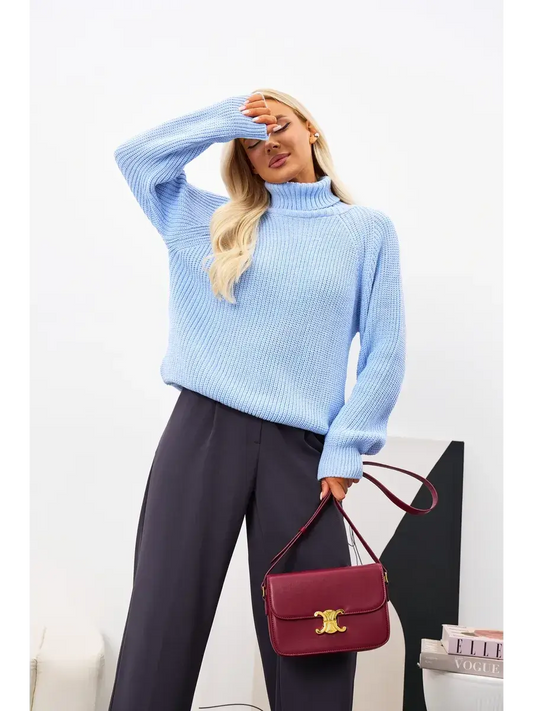 Celia Sweater by Lauven — Oversized light blue knit turtleneck for a chic and stylish look.