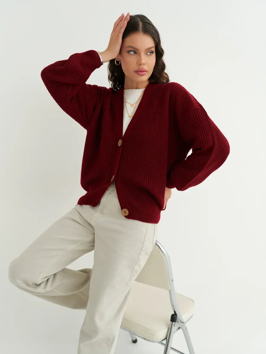 Cherry Cardigan by Lauven - Cozy oversized knitwear in deep cherry red for stylish women's fashion.