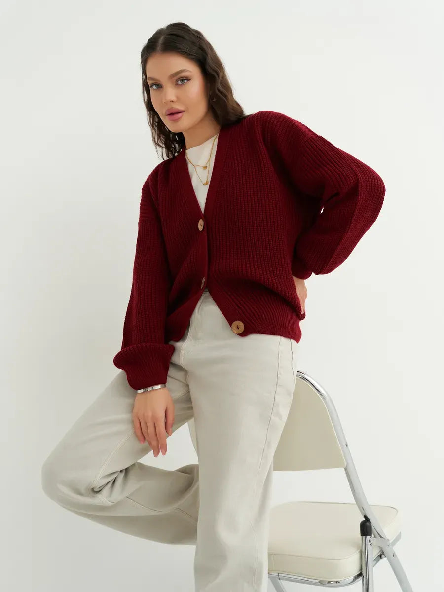 Lauven Cherry Cardigan in deep cherry red, oversized and stylish knitwear for a cozy look.