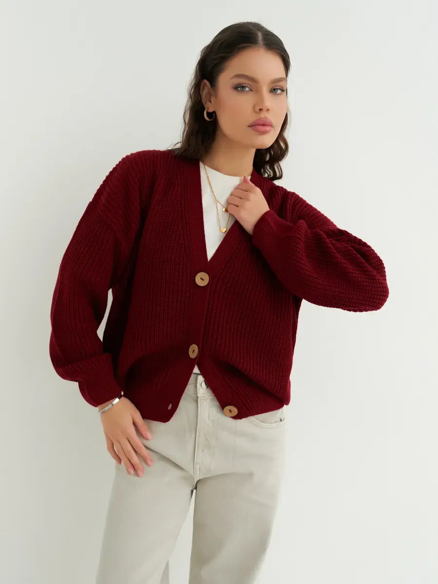 Cherry Cardigan by Lauven, cozy oversized knitwear in deep cherry red, perfect for stylish women's fashion.
