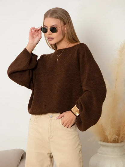Chestnut Sweater by Lauven – Oversized women's brown knit sweater with boat neck and stylish sunglasses.