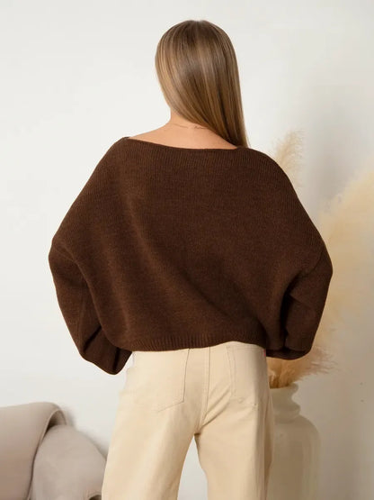 Chestnut Sweater by Lauven - Oversized women’s knit sweater with boat neck in rich chestnut brown.