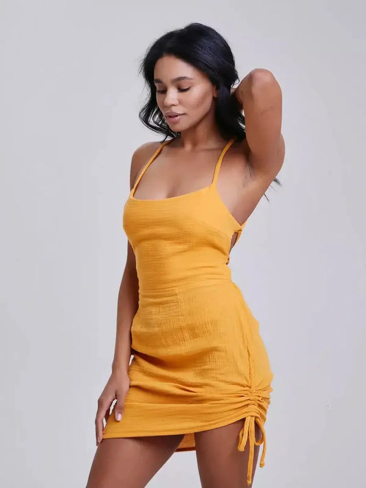 Citrus Rush summer dress by Lauven featuring a flattering bodycon silhouette and adjustable crisscross straps.