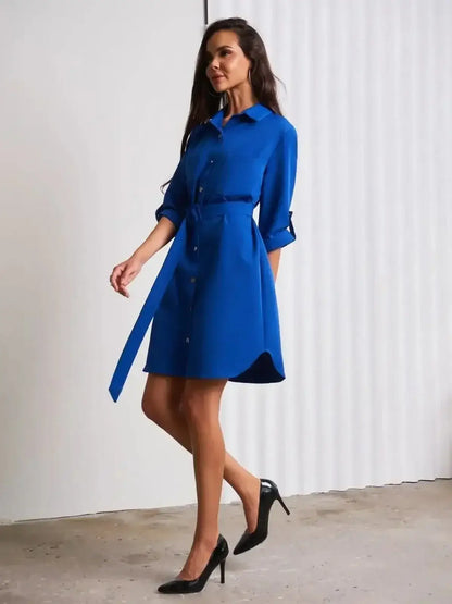 Cobalt Charm Mini Dress by Lauven, showcasing a structured silhouette with a waist belt and vibrant blue color.