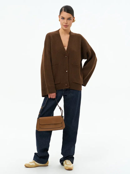 Cocoa Cardigan by Lauven, warm oversized knitwear in chocolate brown with button closure, perfect for fall.