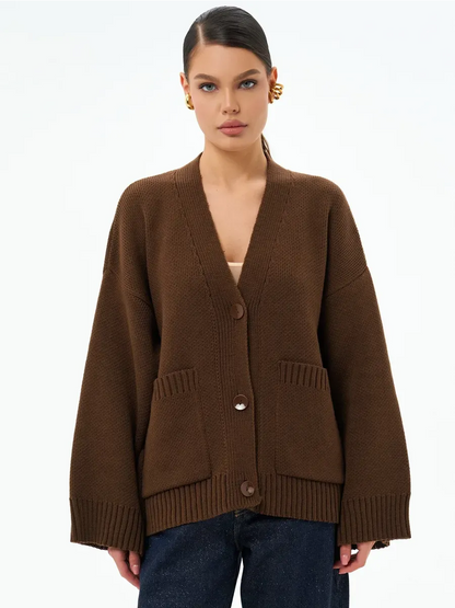 Cocoa Cardigan by Lauven - Warm oversized knitwear with button closure in chocolate brown color.