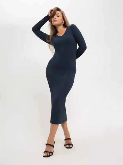 Lauven Contour Midi Dress in dark navy ribbed knit, featuring a V-neckline and long sleeves for an elegant silhouette.