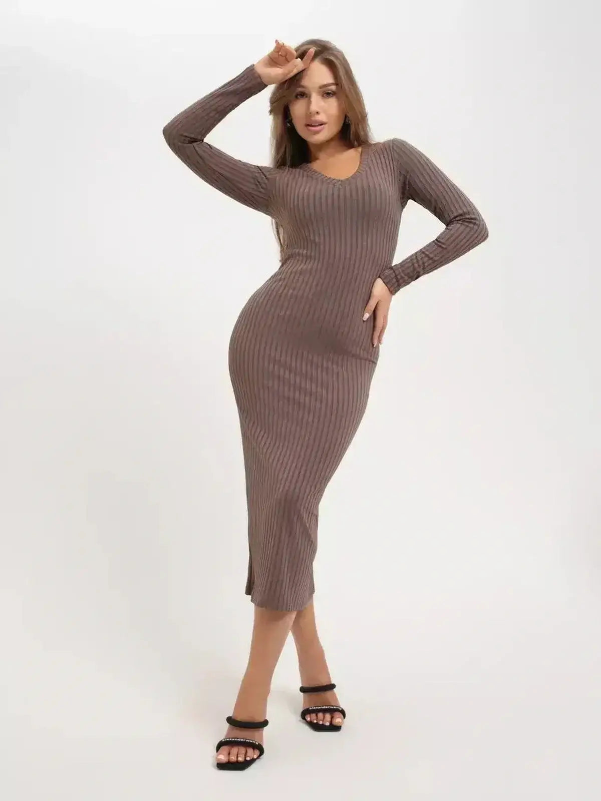 Lauven Contour Midi Dress in ribbed knit, showcasing a sleek silhouette and elegant styling.