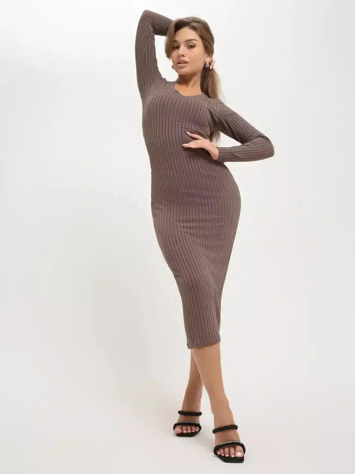Lauven Contour Midi Dress in ribbed knit, showcasing a sleek silhouette and comfortable fit, perfect for various occasions.