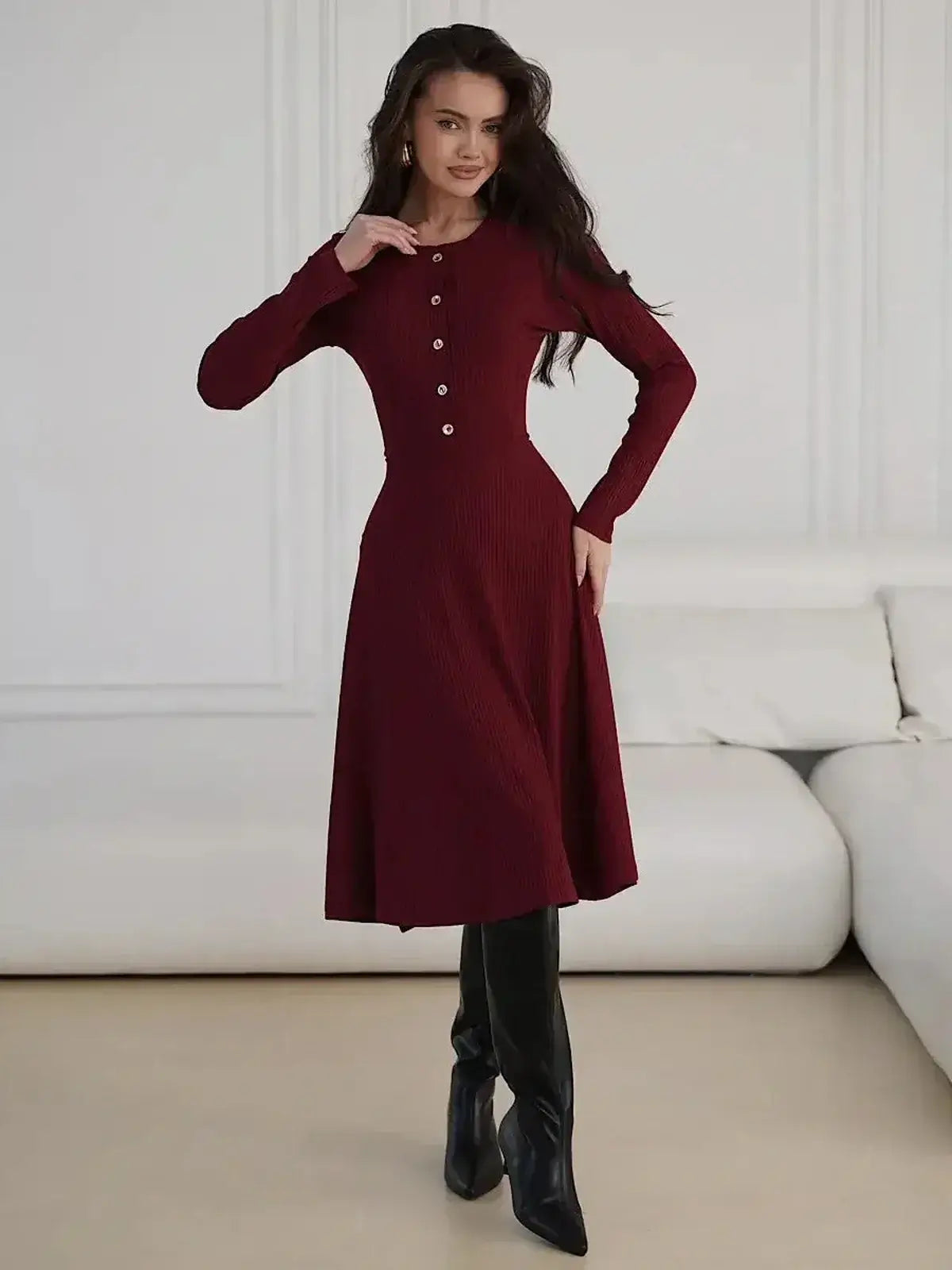 Crimson Grace Midi Dress by Lauven featuring ribbed texture and gold button detail in deep burgundy.