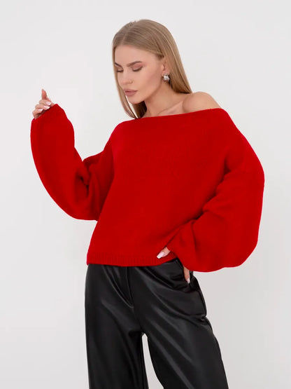 Crimson Sweater by Lauven - Oversized women's knit sweater with boat neck in bold crimson shade.