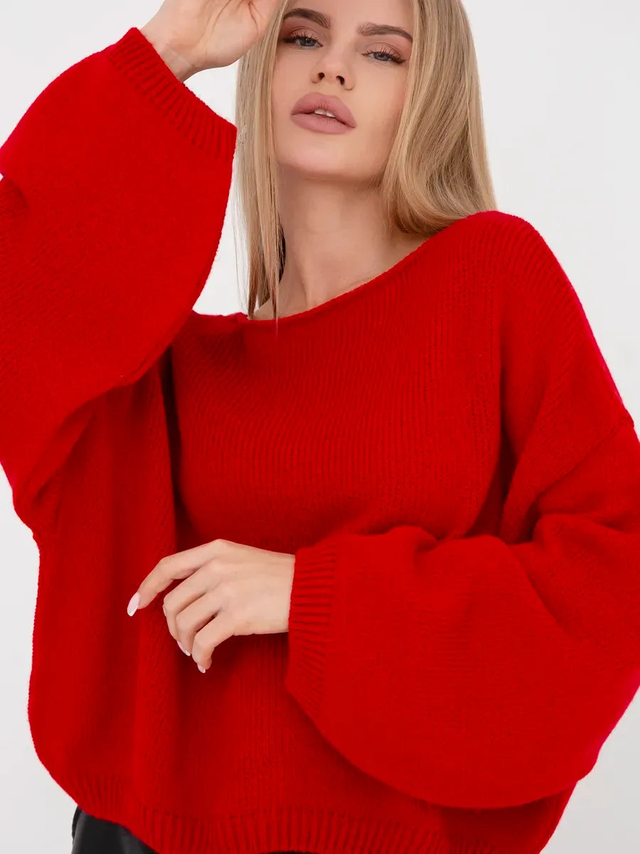 Lauven Crimson Sweater - Oversized red women's knit sweater with boat neck, perfect for fall and winter.