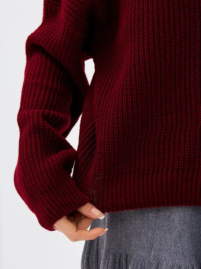 Crimson Pullover by Lauven, oversized burgundy knit sweater with high neck, showcasing the soft knit texture and relaxed fit.