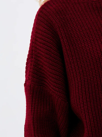 Crimson Pullover by Lauven - Oversized burgundy knit sweater showcasing a cozy high neck design.