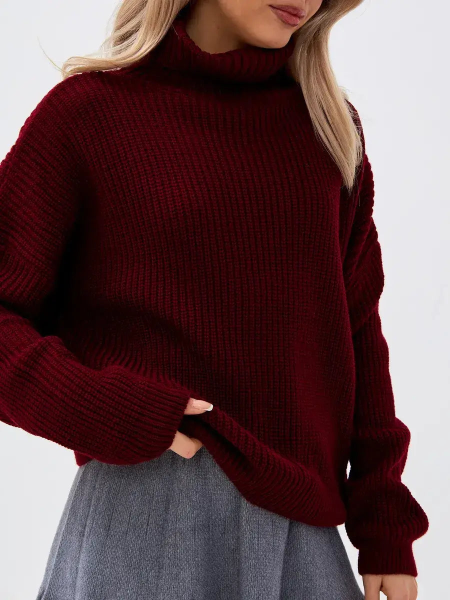 Crimson Pullover by Lauven, oversized burgundy knit sweater featuring a high neck collar for a cozy, stylish look.