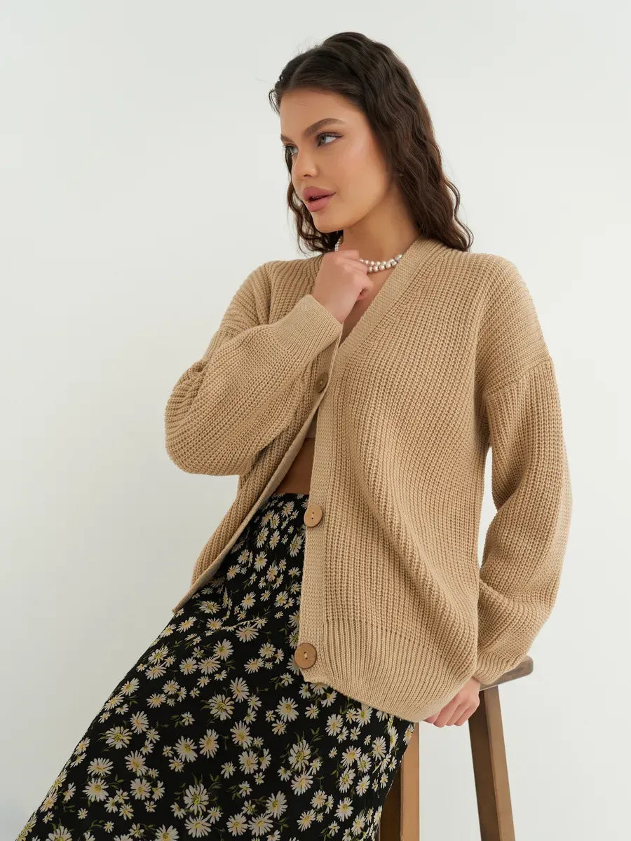 Dune Cardigan by Lauven - Stylish oversized button-front knitwear in dark beige, perfect for cozy layering.