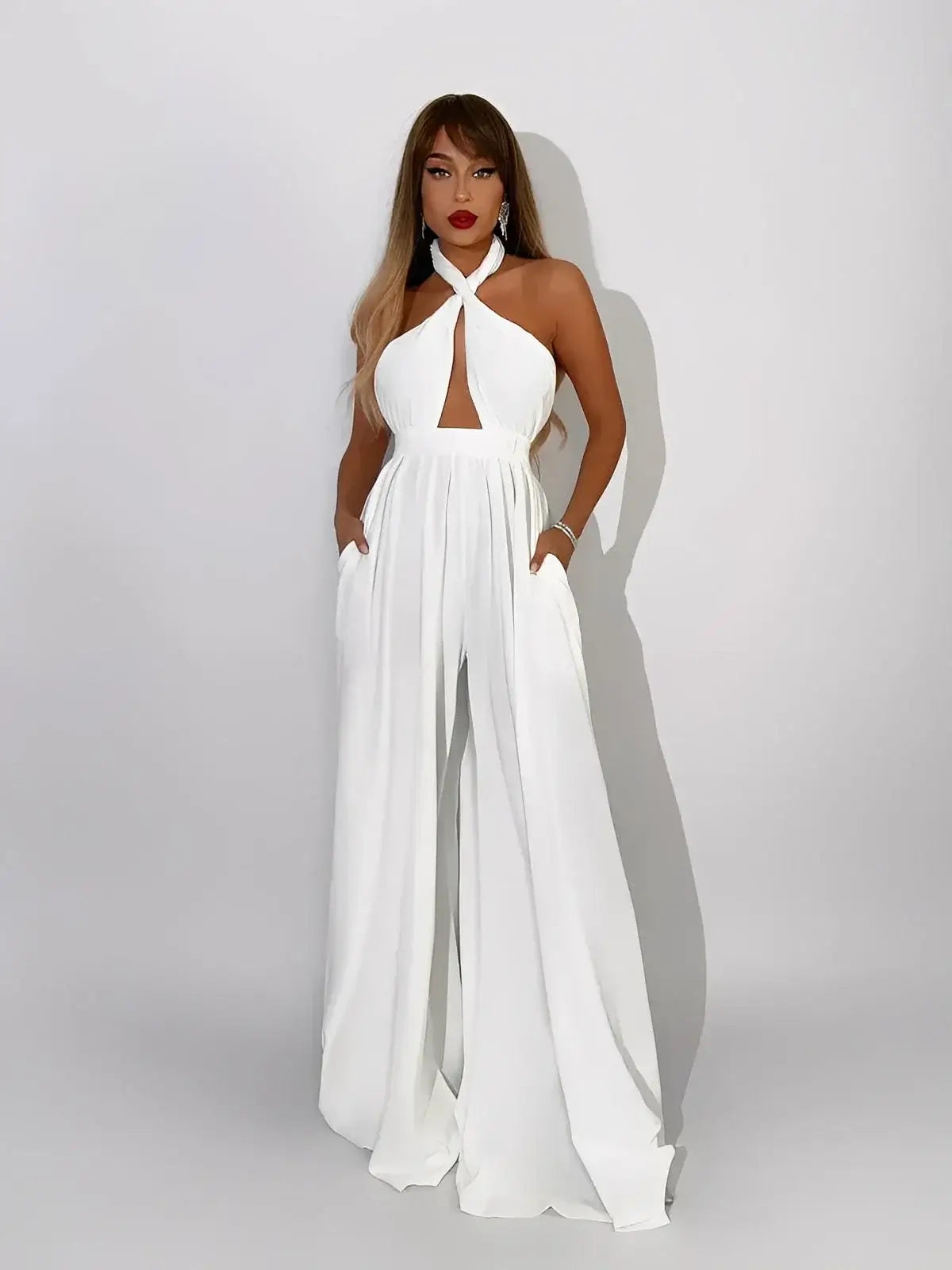 Elysian Jumpsuit by Lauven, halter neck, cut-out bodice, and wide-leg design in elegant white.