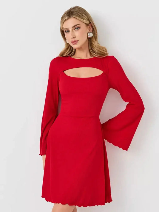 Flare Cutout Mini in red by Lauven, featuring a stylish cutout and bell sleeves for a chic, modern look.