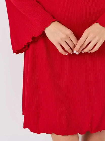 Flare Cutout Mini by Lauven, showcasing a red dress with bell sleeves and textured fabric, perfect for a stylish entrance.