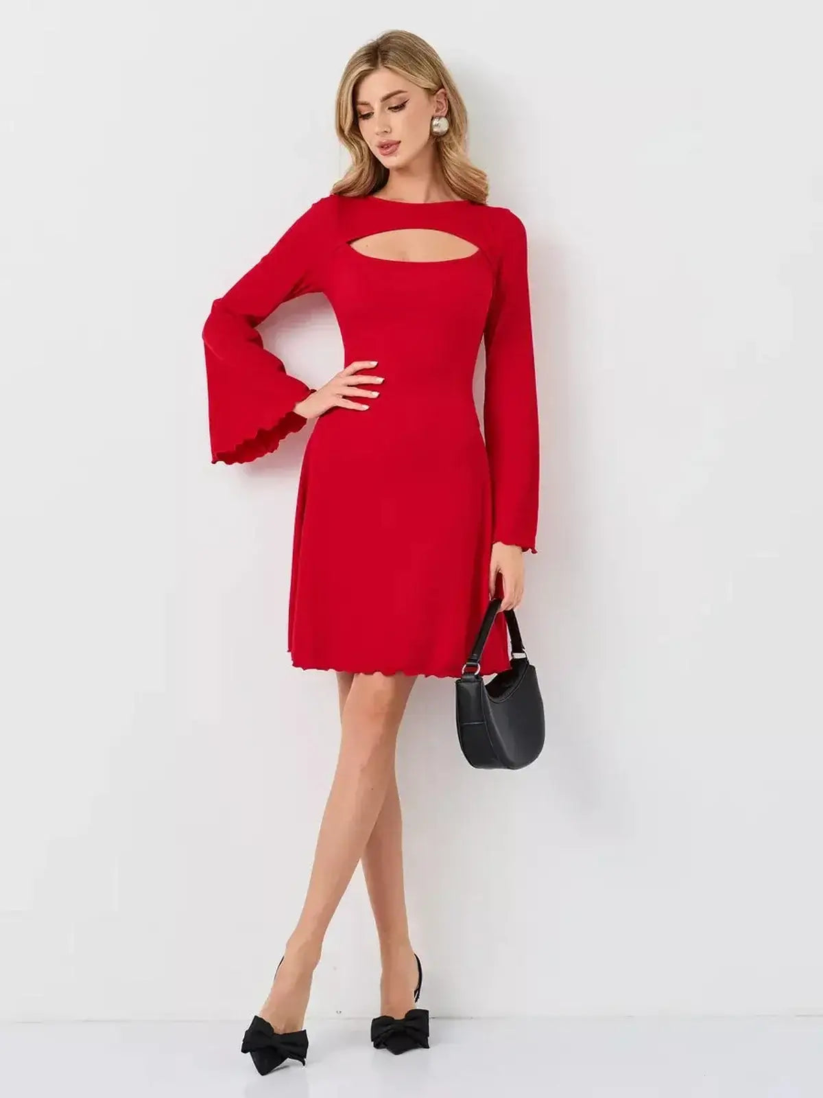 Flare Cutout Mini dress by Lauven, featuring a bold red color, cutout design, and stylish bell sleeves.