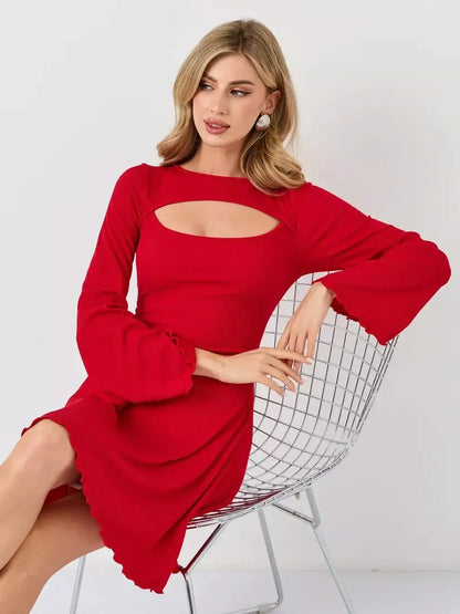 Flare Cutout Mini by Lauven, a stylish red dress with bell sleeves and a cutout detail for modern elegance.