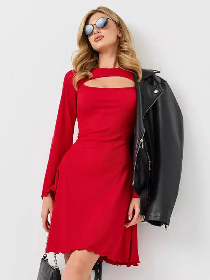 Model wearing a Flare Cutout Mini dress by Lauven, flaunting modern style and sophistication with a bold red color.